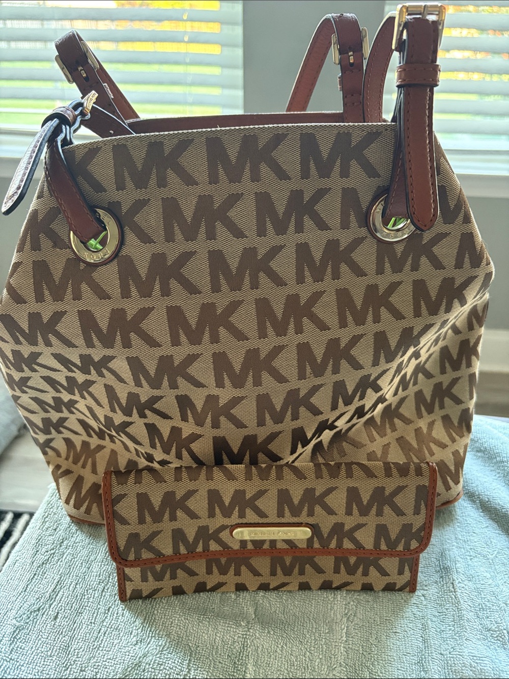 Michael Kors Brown Tan MK Logo Drawstring Tote with Wallet